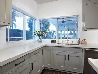 White Bead Tile Edging on White Subway Tile With White Denali White Quartz Countertop From Arizona Tile