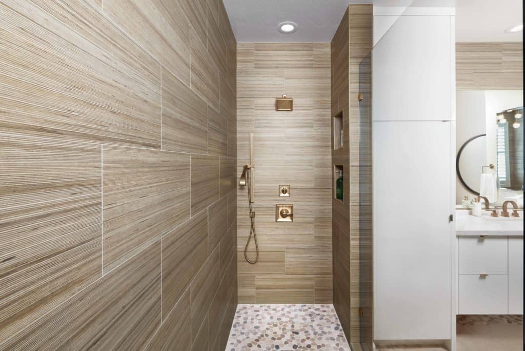 Bathroom shower with shibusa tortora porcelain tile wall - Dena Thomas Designs using Arizona Tile