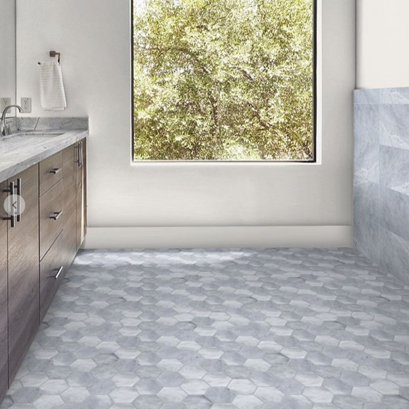 Sky Blue Honed 12” X 24” Bathroom Wall Tile and CS-Sky Blue Honed Hex 4 Inch Mesh Tile from Arizona Tile